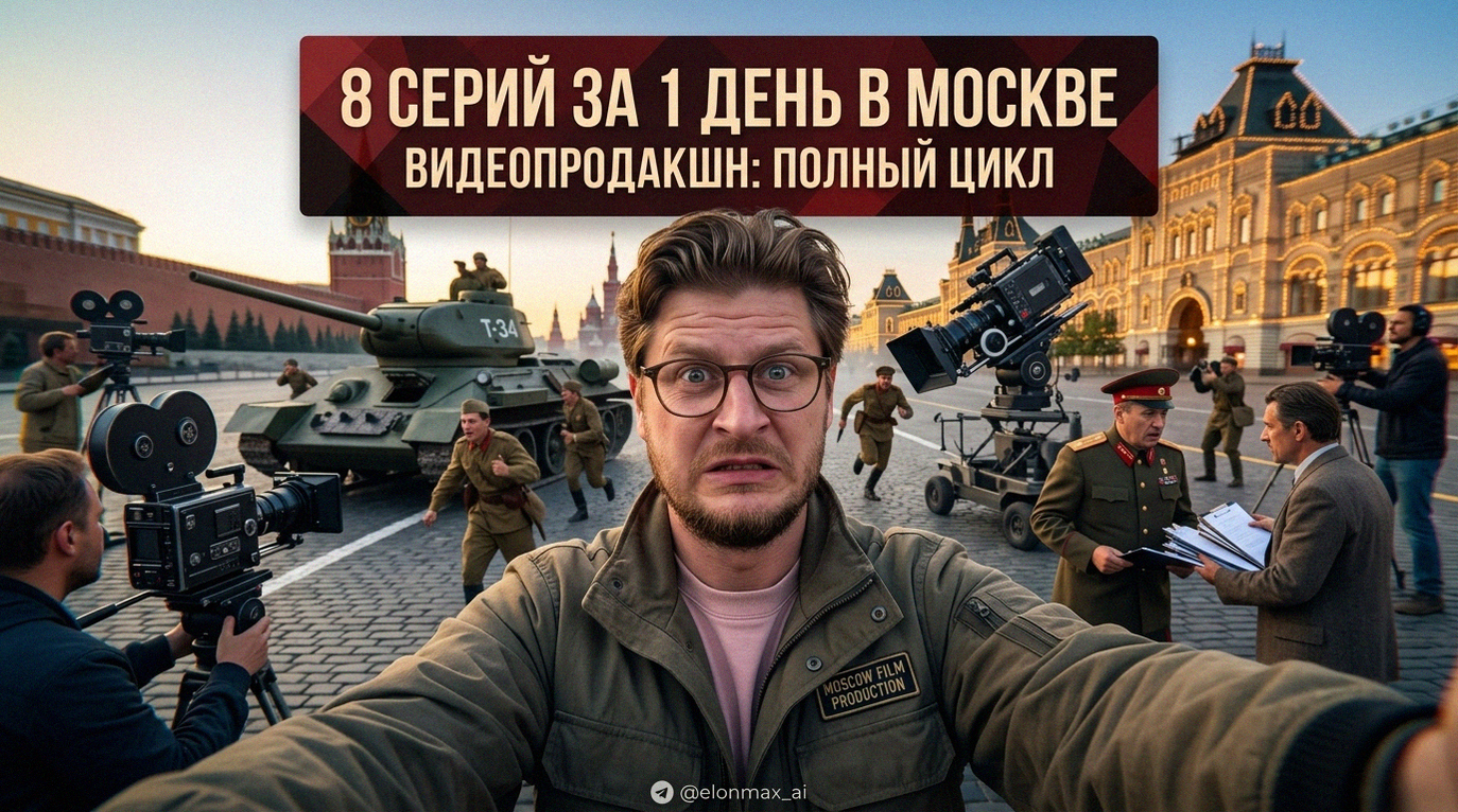 Процесс съемки видеопродакшна в студии Москвы, полный цикл создания 8 серий за один день