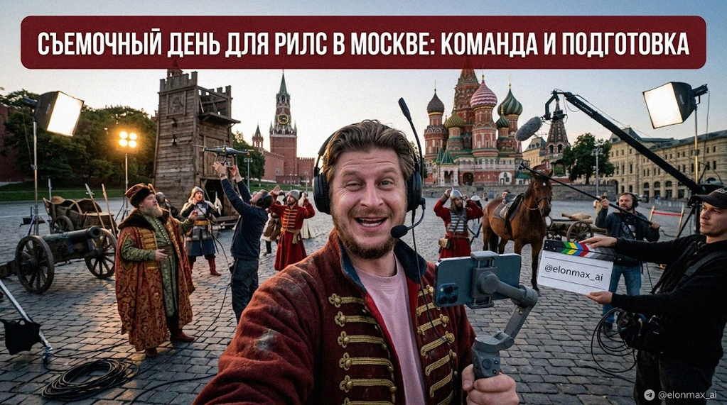 Профессиональная съемочная группа готовится к съемке видео-контента для социальных сетей в Москве